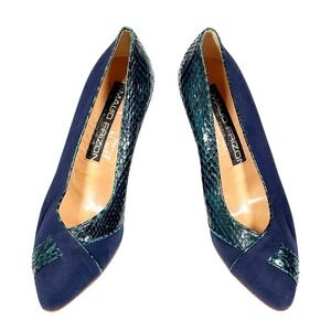 Vintage Maud Frizon Paris Navy Canvas Emerald Snakeskin Pumps Heels Size 37.5